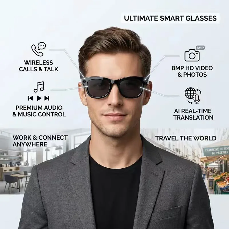 

Smart Glasses with HD Video & Photo, 8mp Anti-Shake Camera, Wireless Music & Hands-Free Call, Ai Real-Time Translation for Daily