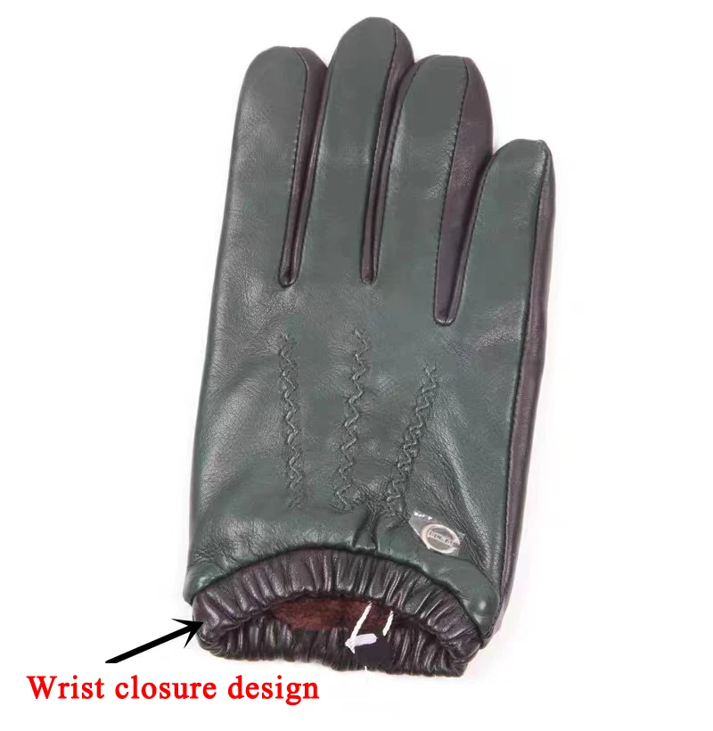 Vintage Green Lambskin Gloves For Men Winter 100% Leather Thick Lining Warm Mittens Male Touch Screen Riding Wrist Closure Luvas