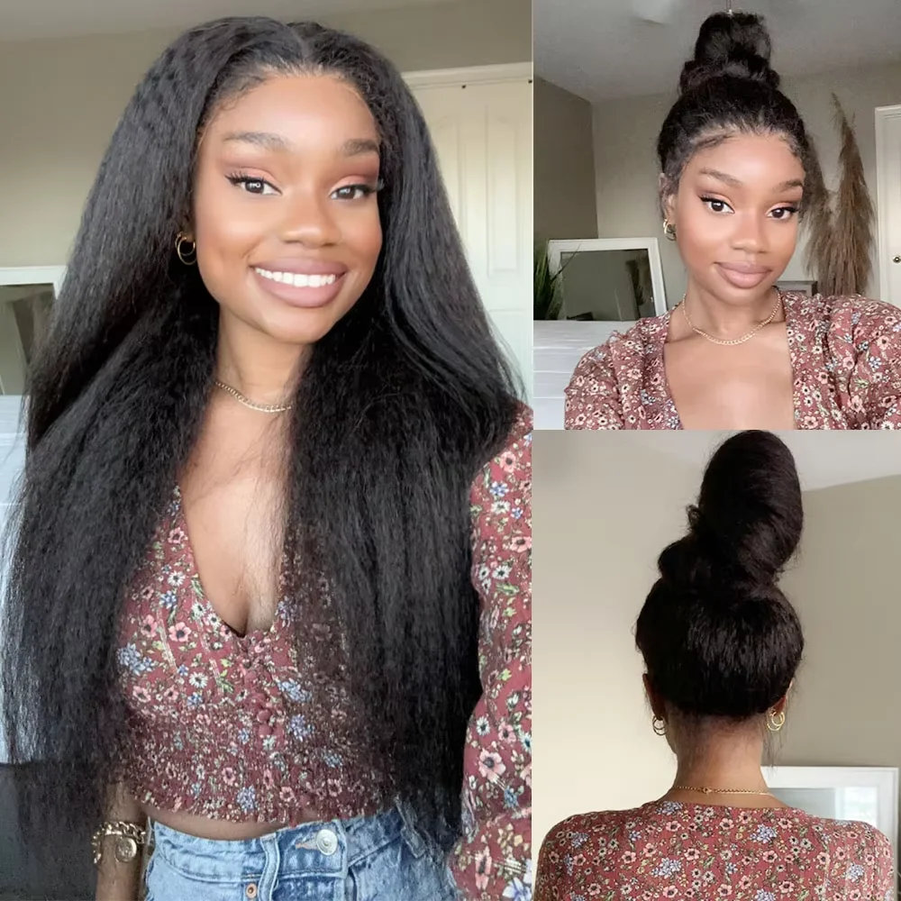 Brazilian Kinky Straight Wig 13x4 Lace Frontal Wig Natural Black Pre Plucked Baby Hair Transparent Lace Human Hair Wigs 16 To 34 Inch For Women