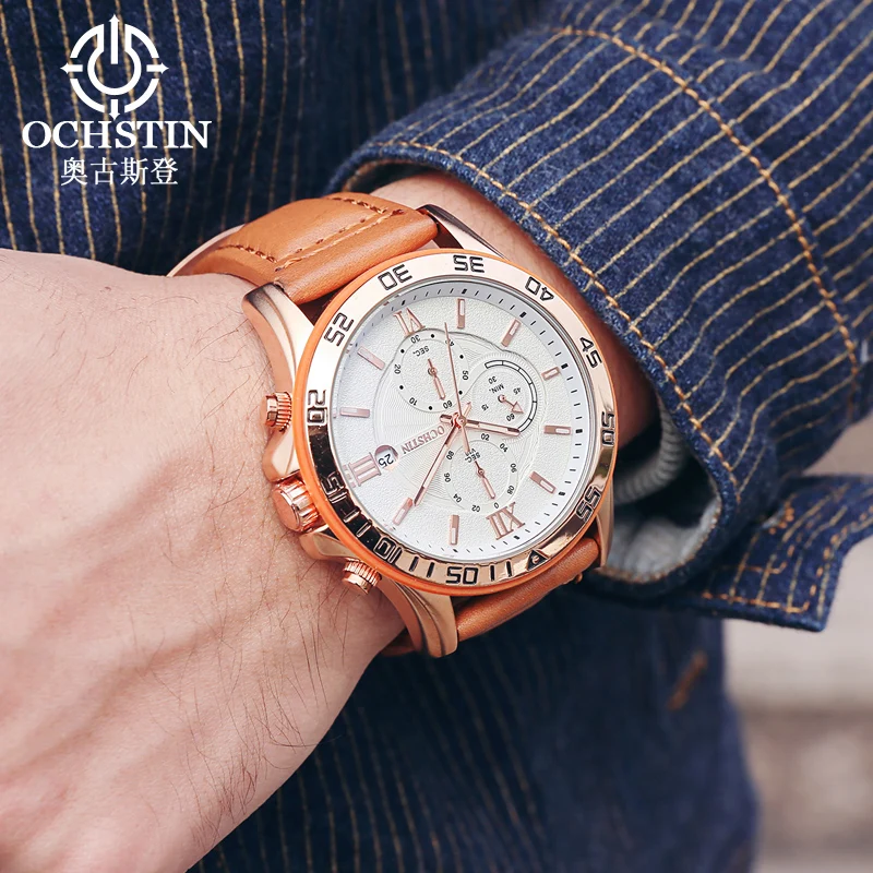 OCHSTIN Men Genuine Leather Strap Multi-function Quartz Wristwatch Man Waterproof Mineral Hardened Glass Luxury Casual Clock