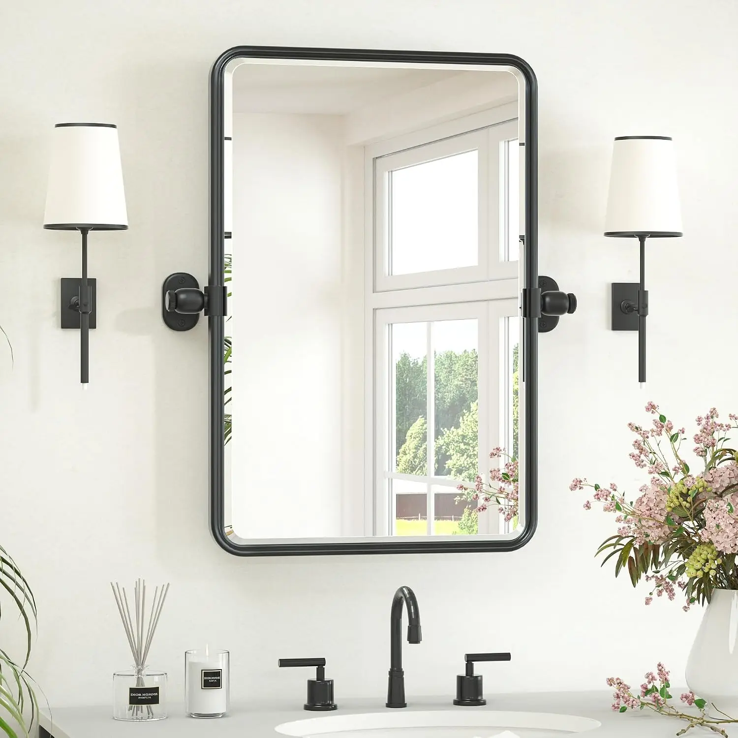 16x24 Inch Black Rectangle Metal Framed Tempered Glass Bathroom Mirror Tilt Adjustable Beveled Over Sink Farmhouse Horizontal Ve