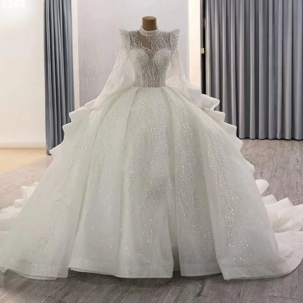High Neck Long Sleeve Lace Up Button Back Bridal Beading Sequined Lace Ball Gown Luxury Wedding Dress