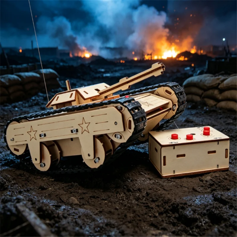 DIY Remote Control Tank Toys Wooden RC Tank Assembly radio control tank 3D Puzzles Educational Experimental Model Kits Xmas