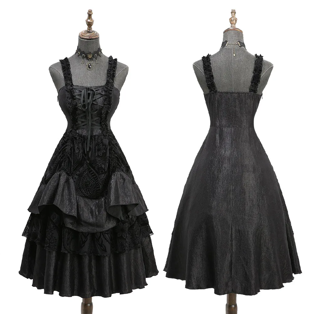 ROSEGAL Gothic Lolita Dress Black Classic Floral Mesh Flocking Lace Up Ruffles Layered A Line Party Dress Retro Vestidos Costume