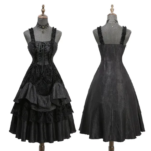 ROSEGAL-vestido gótico de Lolita, vestido negro clásico de malla Floral flocado con cordones y volantes en capas, vestido de fiesta de línea A, Vestidos Retro, disfraz