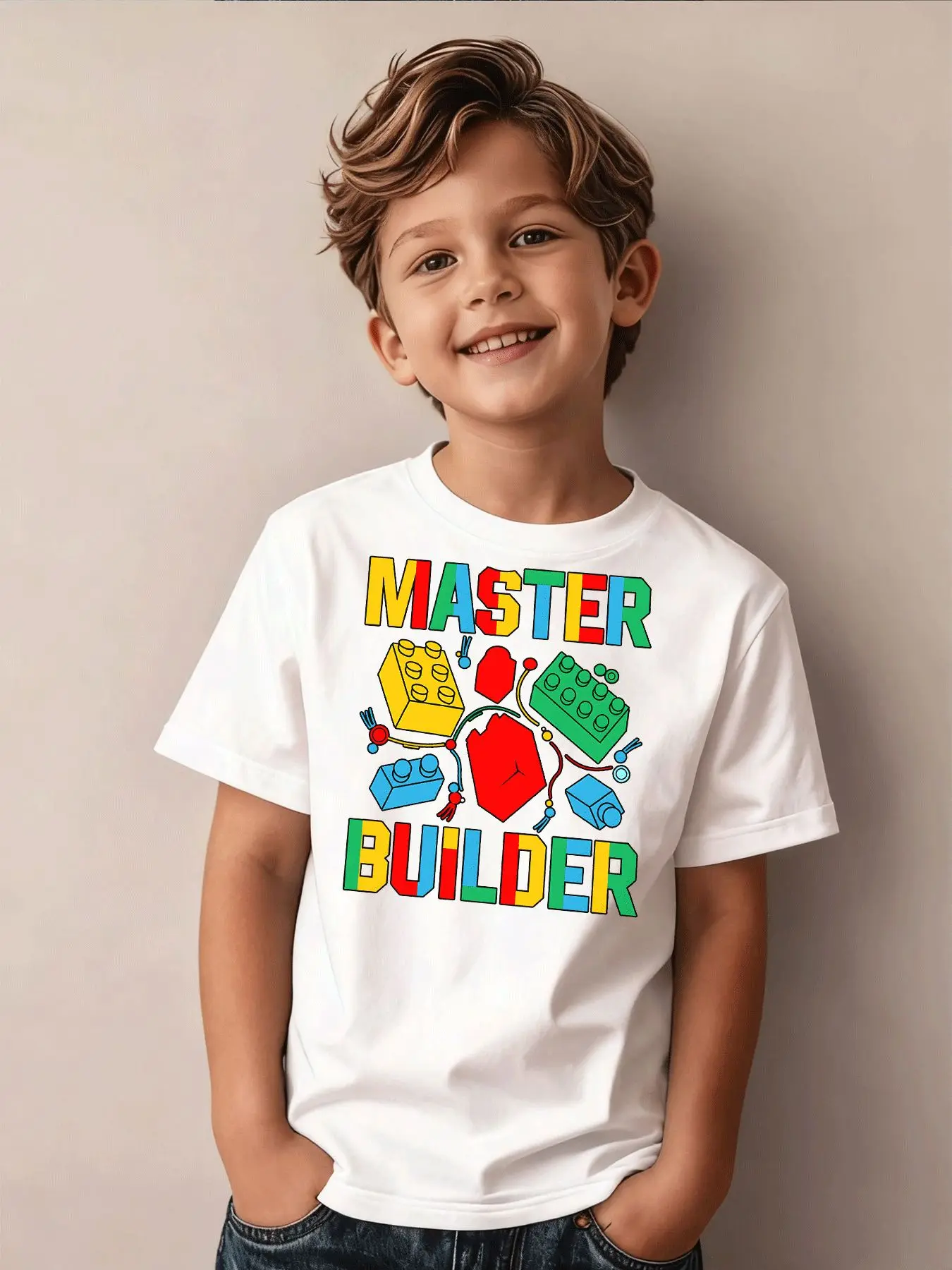 Children's Round Neck T-shirt, Building Block Master, Builder, Printed Pattern, Autumn Trendy Parent-child Outfit