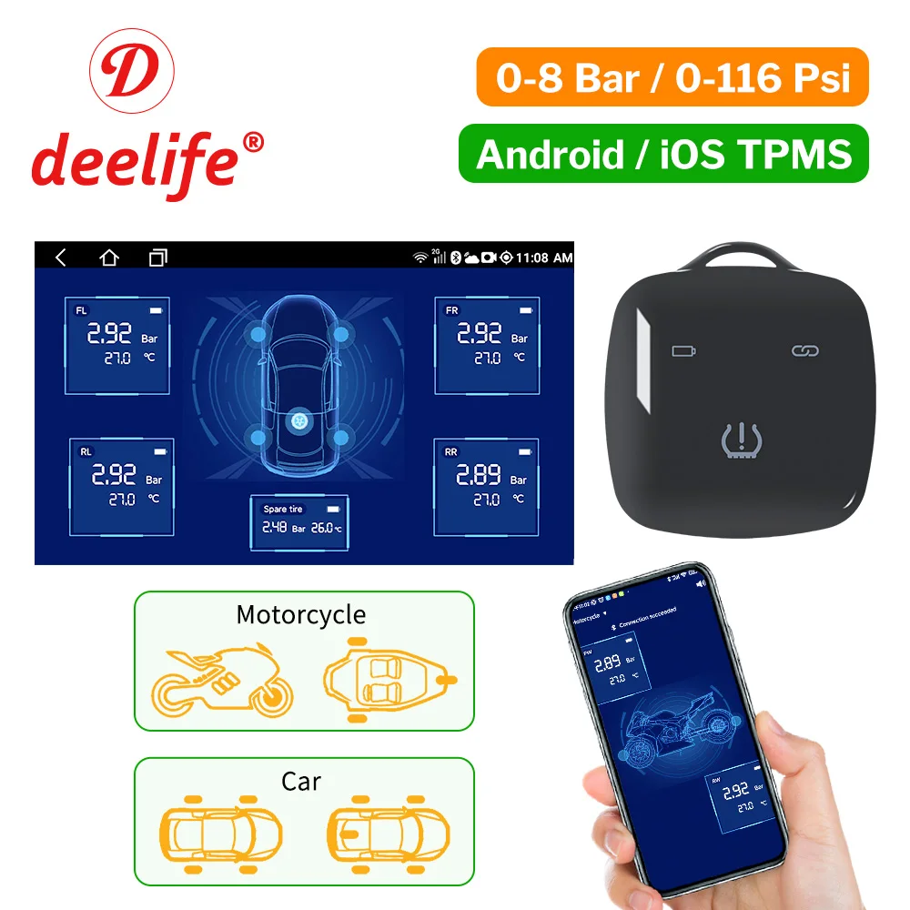 Deelife-sistema monitor de pressão dos pneus, tpms, android, ios, compatível bluetooth, para carro, motocicleta, bicicleta, sensor tpms, controle ble