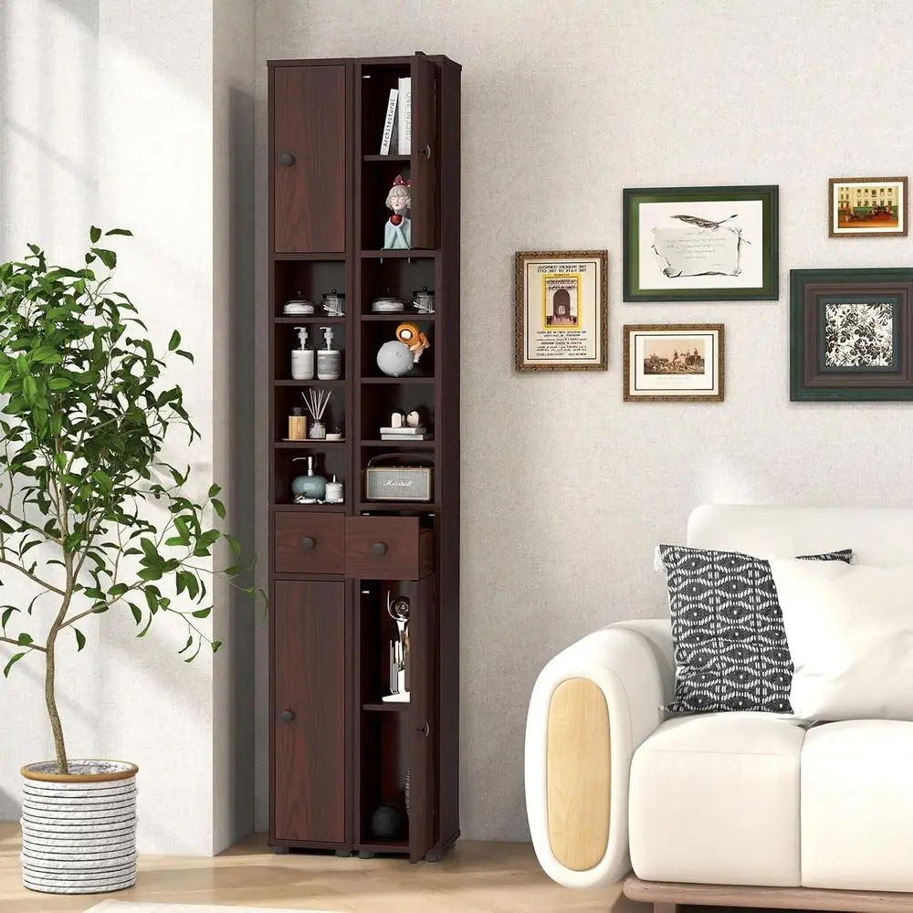 71” Tall Slim Bathroom Storage Cabinet (Reddish Brown, 2) | Narrow loor Cabinet with 2 Do, 5 Adjustable Shelves, 1 Der, Anti-Tip