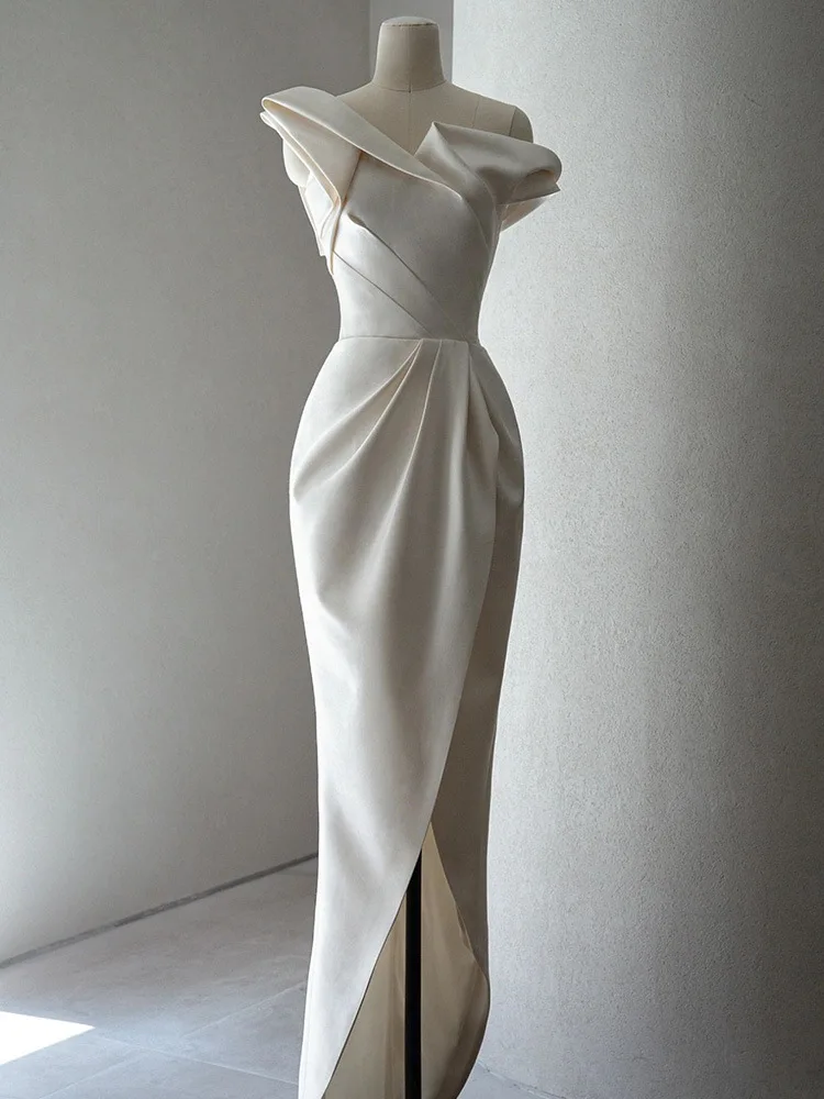 

Women French Satin Evening Dresses 2023 Simple Sexy Slit Wedding Prom Party Gowns Vestidos
