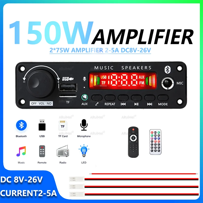 2x75W Bluetooth 5.0 Audio Amplifier DC8-26V 2-5A Mini Stereo