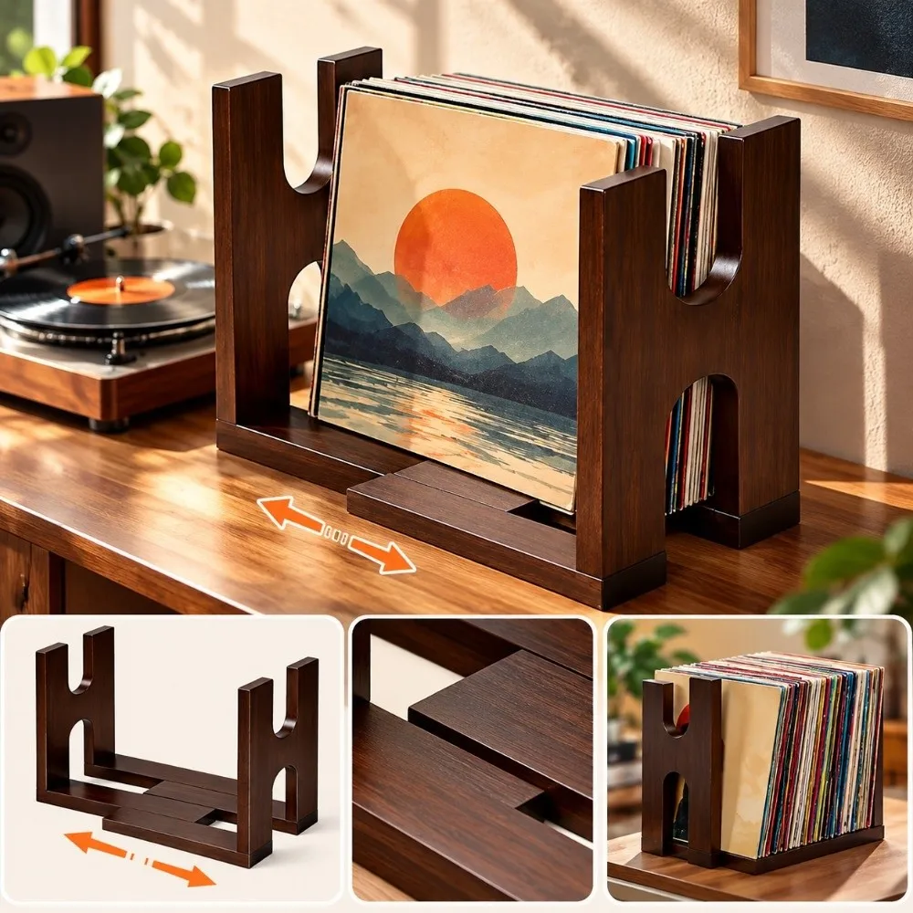 Solid Acacia Wood Vinyl Record Holder Expandable Adjustable Divider LP Display Stand Compact Elegant Desktop Record Shelf