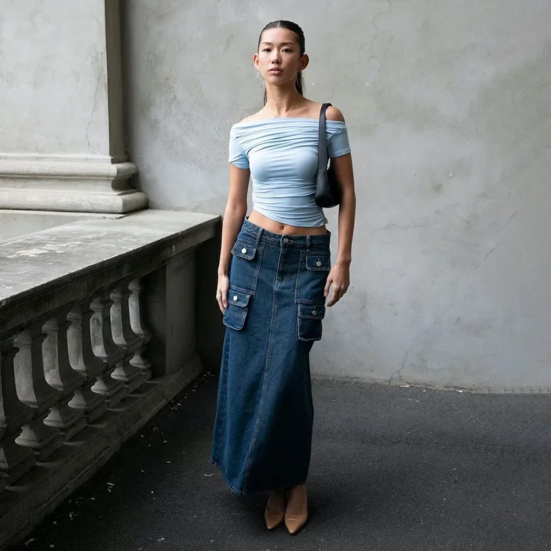 Zomer Nieuwe T-shirt Vrouwen Sexy Korte Mouw Mode Tees Slash Hals Plooien Crop Top Casual Streetwear Bodycon Solid Basic T-shirts