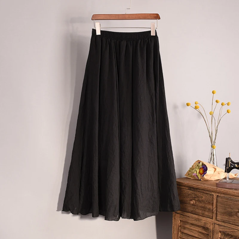 

Vintage Cotton Linen Skirts Maxi Skirt for Women High Waist A-line Long Pleated Skirt Casual Elastic Waist Summer Beach Skirt