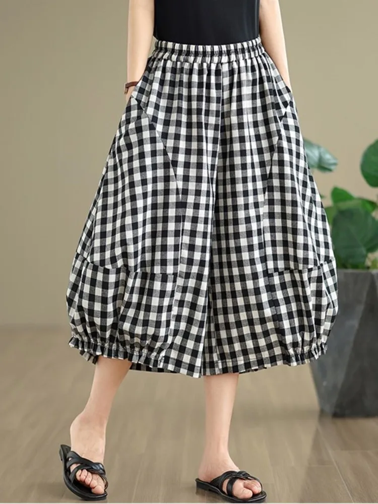 

Женские брюки-кроссоверы оверсайз в винтажную клетку с высокой талией, свободные, повседневные, летние, широкие штанины, 2026