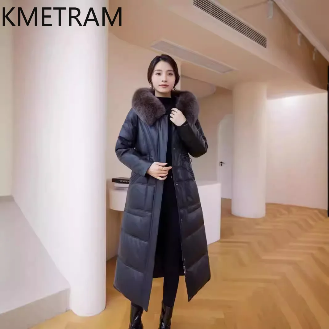 Winter Jacket Women Real Sheepskin Down Coats Fox Fur Collar Extra Long Coat with Hood 2024 Fashion Womans Clothing пуховик