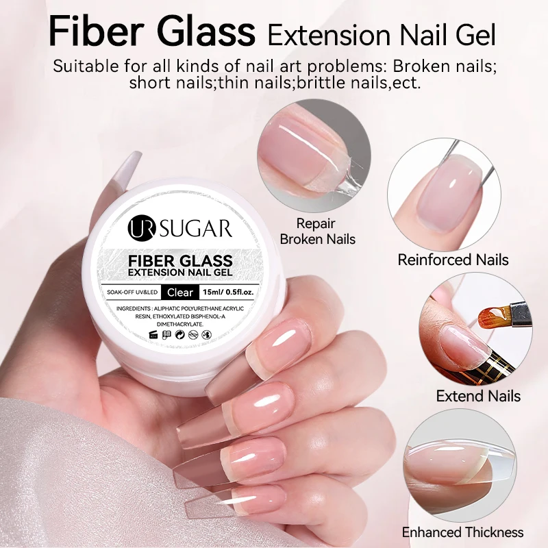 UR SUGAR 15ml Estensione in fibra di vetro Gel per unghie Crack Rotto Riparato Fibra di seta Acrilico Trasparente Costruzione rapida Gel UV Smalto per manicure