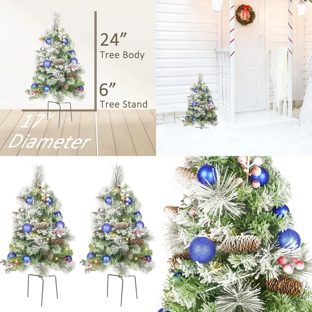 

30 Inch Dual Pre-Lit Pathway Christmas Trees with Battery-Powered LED Lights, Decorated with Red Berries and Pine Cones for Outd