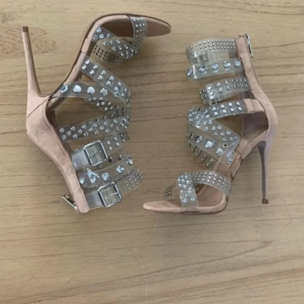 Apricot PVC สายคล้องคอซิปตกแต่งรองเท้าแตะซิปด้านหลังรองเท้าส้นสูงรองเท้าสตรีแฟชั่นรองเท้าส้นสูง 2025 ใหม่ Zapatos Para Mujere