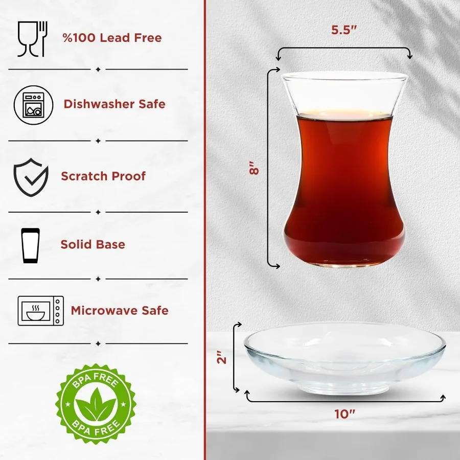 طقم زجاج شاي تركي بتصميم خصر نحيف ونعل سميك للاحتفاظ بالحرارة بشكل ممتاز مثالي لخدمة 24 شخصًا يتضمن 2