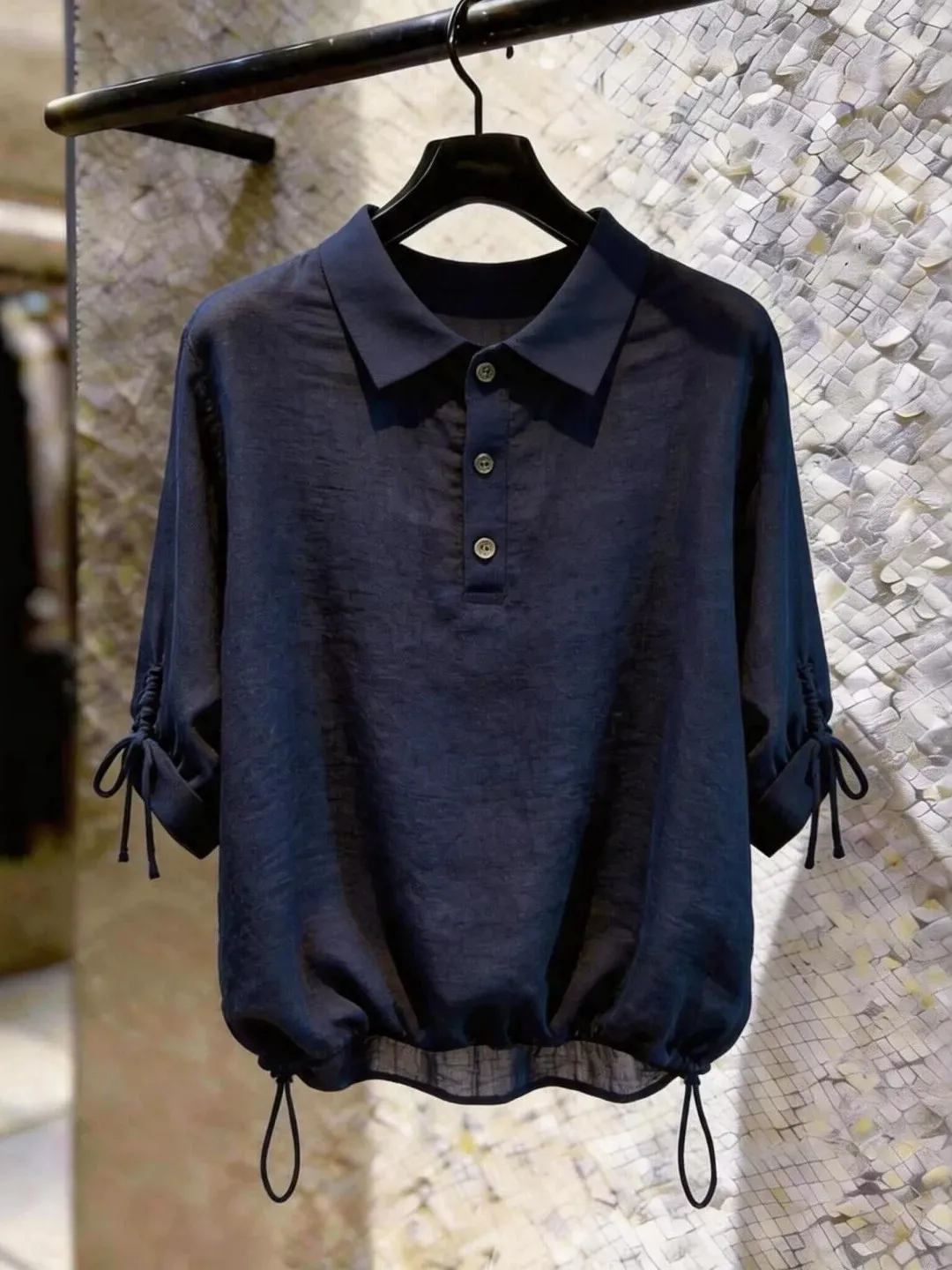 Loose Blue Shirt Women's Drawstring Short Sleeve Thin Large Size Fat MM Summer Casual High End Small Capitalization Top