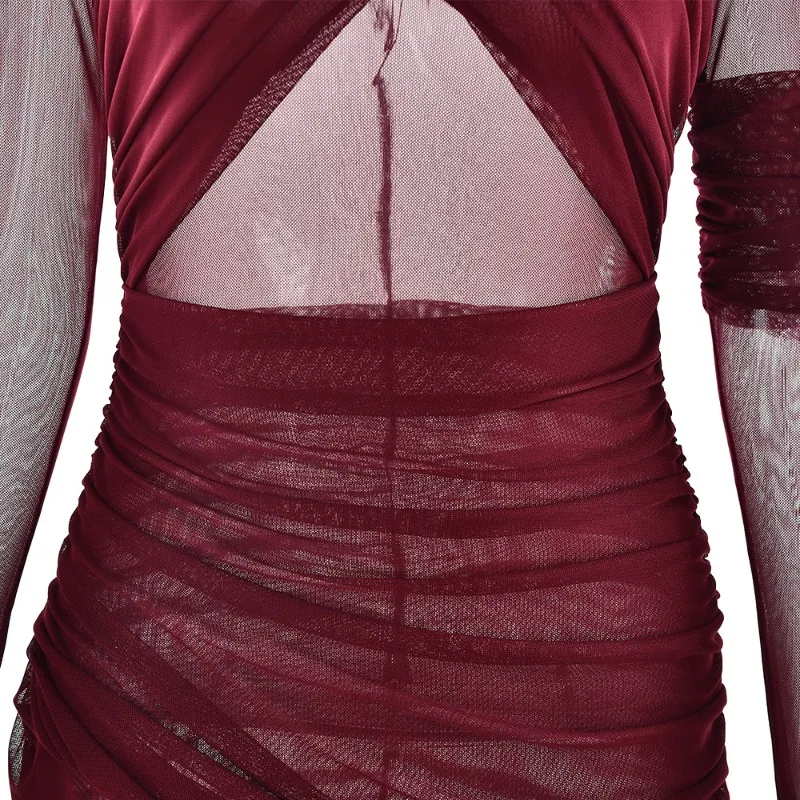 Ruched Cross See Through Mesh Bodycon Maxi Dress 2025 Autumn Women Sexy O Neck Full Sleeve Slim Night Club Party Long Robe