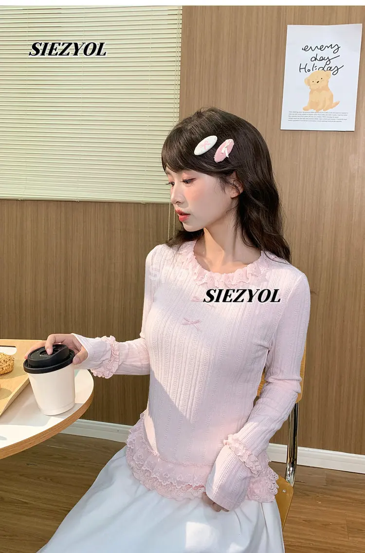 Sweet Girls Solid Color Slim-fit Lace Bottoming Shirt Autumn and Winter New Versatile Inner Outer Wear Long-sleeved T-shirt