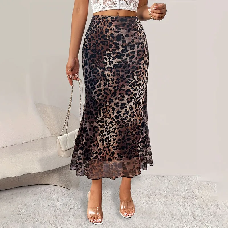 

Women's Skirt Sexy Leopard Print Elastic Mesh Transparent Half Skirt Versatile Fishtail Skirt Long Skirt Y2k Women Clothing