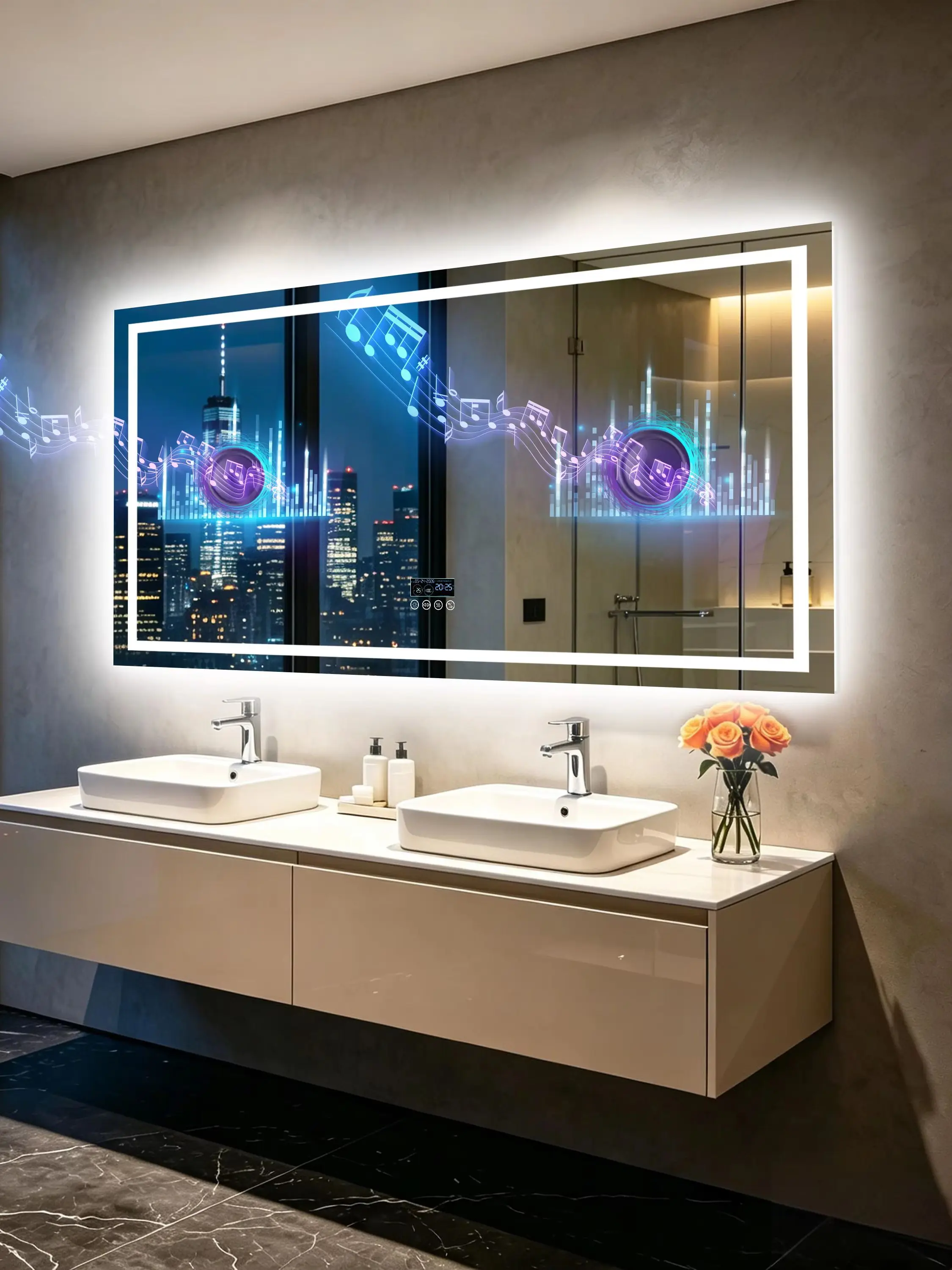 LED-Badezimmerspiegel mit Bluetooth-Lautsprecher, Großer Dimmbarer Wandspiegel mit Antibeschlag-Funktion, Speicherfunktion, 3 Farben, Bruchsicher, Wandmontierter LED-Kosmetikspiegel