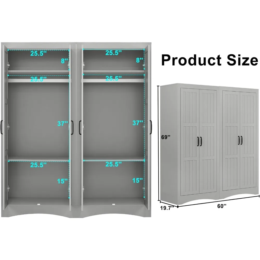 Wardrobe Closet with 4 Doors, Wooden Freestanding Armoire with Shelves and Hanging Rod, Clothes Organizer Cabinet for Bedroom