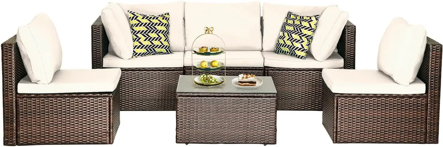 5/6/7/8 Outdoor Modular Patio Furniture Set Water Resistant Conversation Set w/3 Rattan Chairs 1 Tempered Glass Topped Table