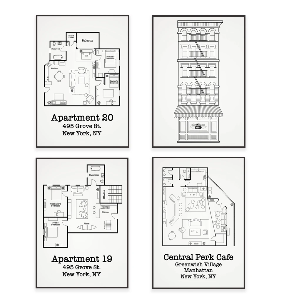 TV Show Friends Apartment Floor Plan Interior Map TV Poster, Central Perk Cafe Print Wall Art Picture Canvas Painting Home Decor