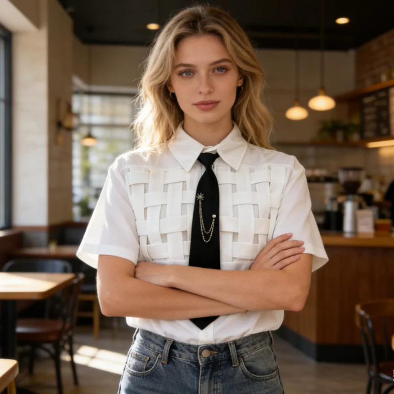 

E-BAIHUI Checkered Women's Shirt Ladies‘ Chain Tie Lapel Short Sleeved Shirts New Casual Summer Thin Woman Loose Blouse