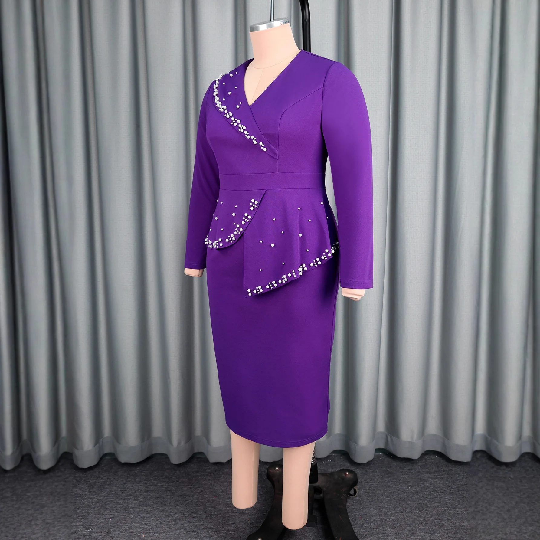 Abito da sera elegante da donna taglie forti, viola, con scollo a V, maniche lunghe, volant e strass - Vestidos De Mujer