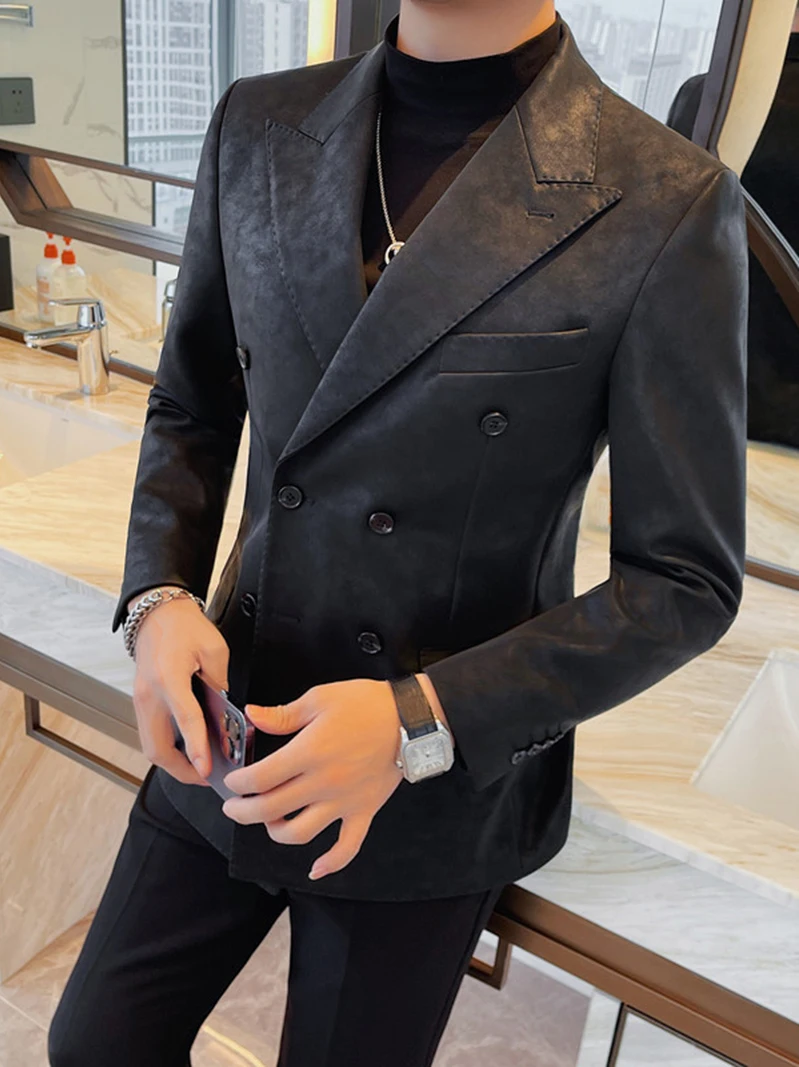 CY205  Leather Men Korean Business Casual British Double-breasted Suit Jacket Free Ironing Slim Body Fat Handsome Velvet Blazer