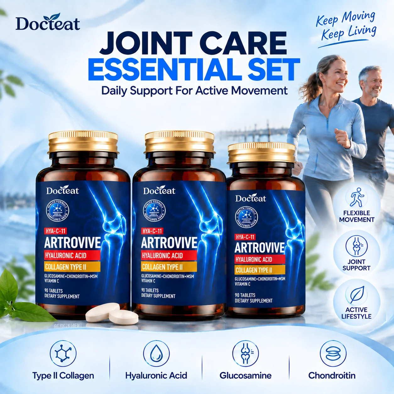 Glucosamine Chondroitin MSM Joint Supplement with Type II Collagen, Hyaluronic Acid & Vitamin C for Mobility & Comfort 90 Count