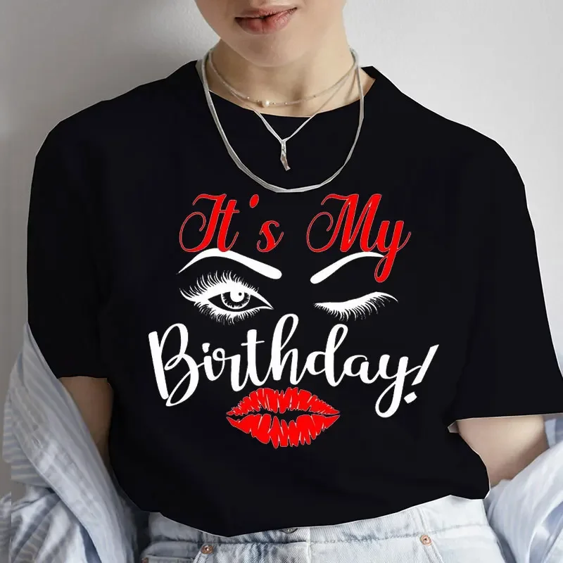 Eyelash & Lips Birthday Graphic T Shirt Birthday Party Casual Clothing Summer T-shirt Queen Birthday Fashion Clothes Female Tops