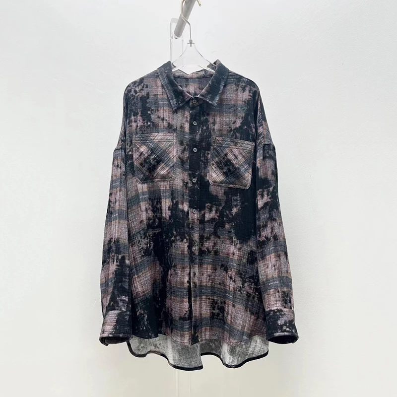 2024 Spring New Double Cotton Yarn Printed Plaid Shirt Fashion Casual Loose Long Sleeve Women\'s Tops High Quality Blouse y2k