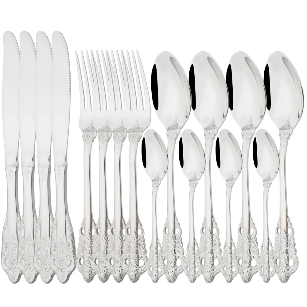 

Drmfiy Vintage Knife Fork Coffee Spoon Flatware Set Western 16Pcs Silver Dinnerware Sliverware Set Stainless Steel Cutlery Set