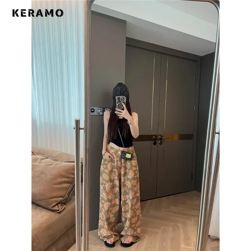 Feminino retro y2k baggy floral impressão denim calças lavadas vintage calças casuais grunge oversized rua cintura alta jeans trashy