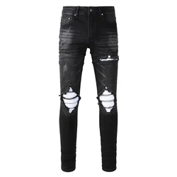 Men's Cracked White Pleated Patch Biker Jeans Streetwear Holed Ripped Black Denim Pants High Stretch Skinny Tapered Trousers