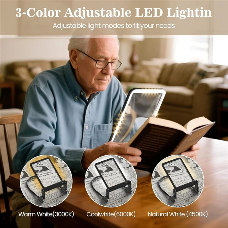 AB47-Lupa manos libres con luz, regulable en 3 colores, lupa para lectura, lupa de página completa para uso en el cuello