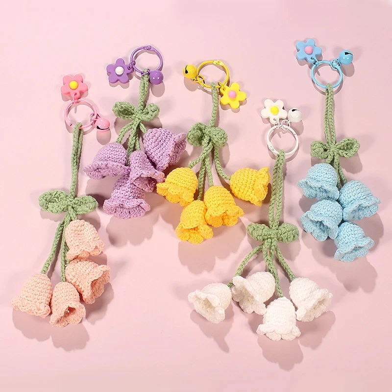 New Handmade Knitted Keychain Yarn Crocheted Bell Orchid Bag Pendants Car Key Ring Fashion Hanging Decoration Charms Gifts