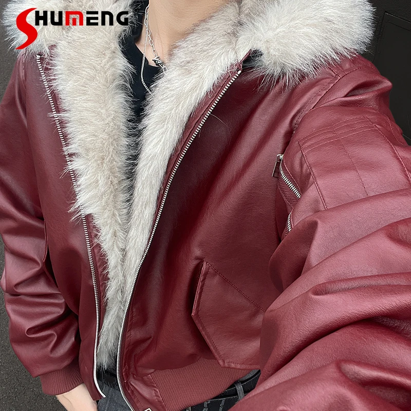 

Trendy Men's 2025 Winter New PU Leather Parkas Hoodies American Style Thickened Large Faux Fur Collar Men's Solid Color Parkas