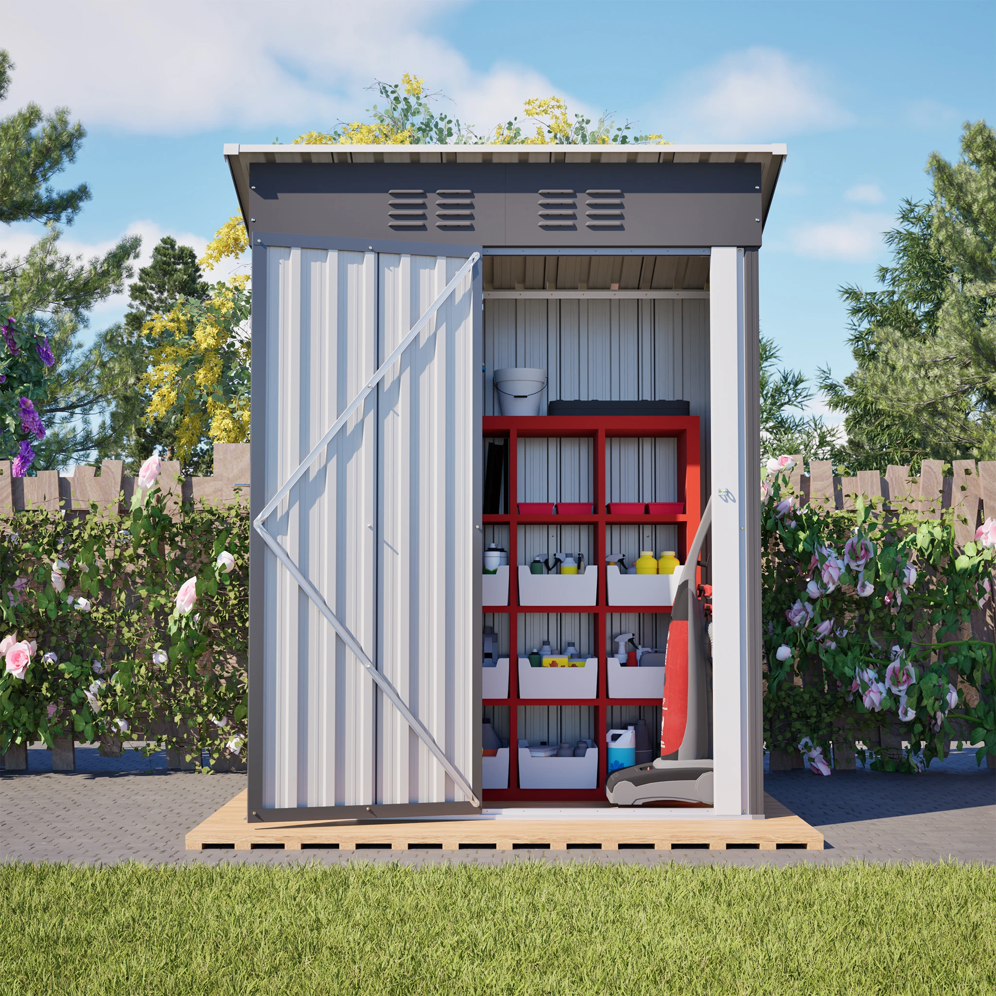 Caseta de Almacenamiento para Exteriores de 152×73×182 cm, Caseta Metálica para Herramientas de Jardín con Techo Inclinado y Puerta con Cerradura, Impermeable y Resistente al Óxido
