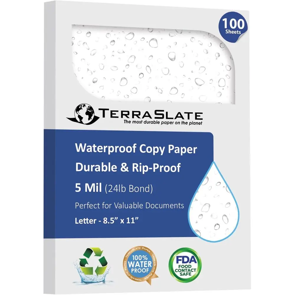 

8.5x11 5 MIL Waterproof Paper for Laser Printers and Copiers, 100 Sheets, Durable Weather-Resistant White Paper