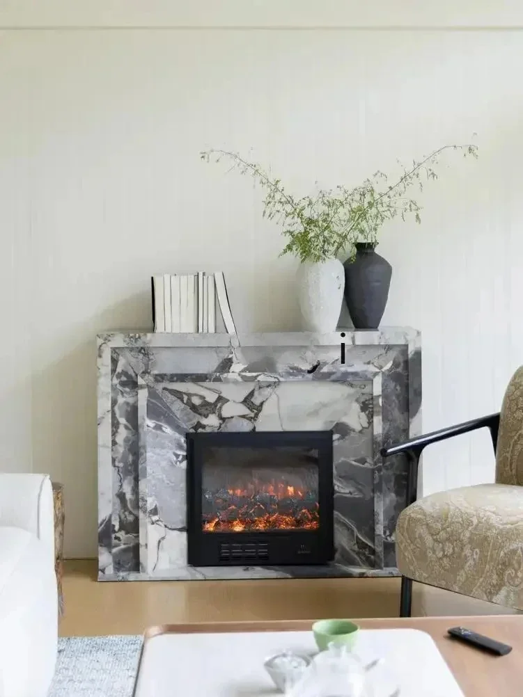 

Rare blue grain/Turkish marble feeling simulated fire smart fireplace solid wood storage