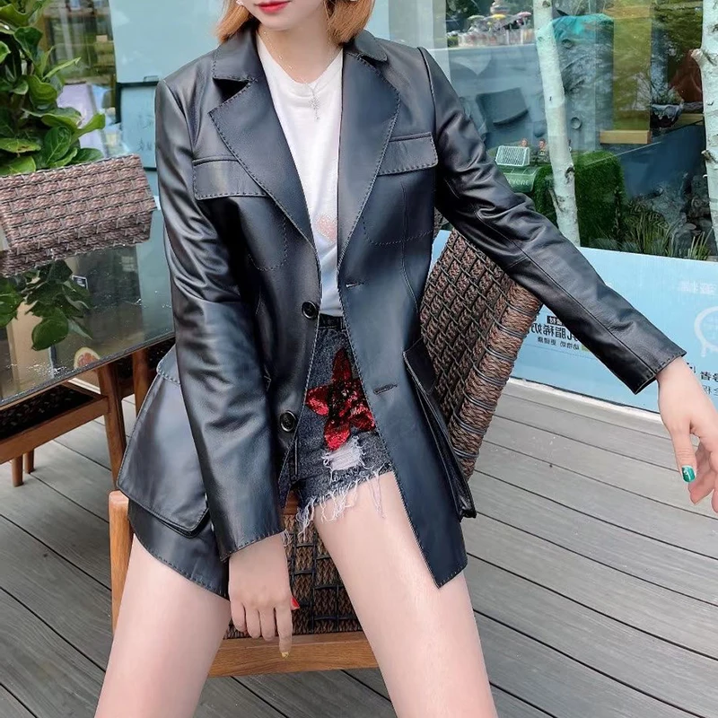 

New 2023 Spring Genuine Leather Blazers For Women New Lady Bomber Jackets Motorcycle 100% Real Sheepskin Coats FG4045