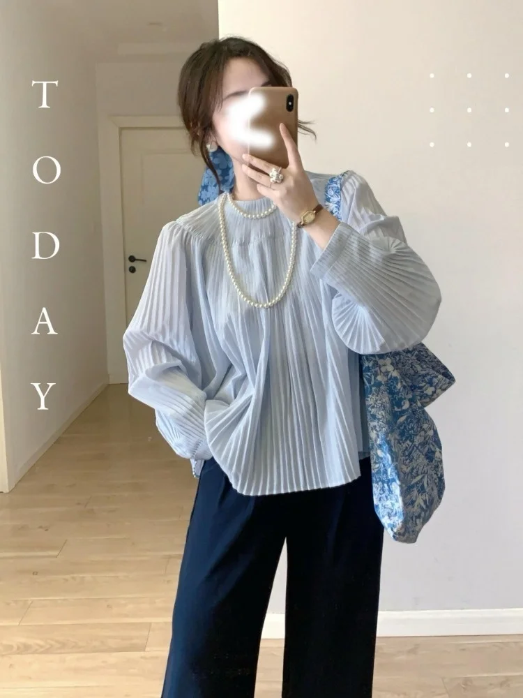

Elegant Unique Blue Long Sleeve Women's Shirt Fashionable Design Casual Loose Fit round Neck Regular Length Summer Shirt