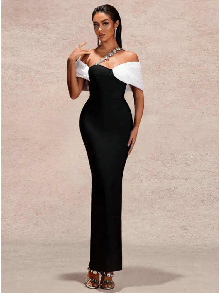 Sexy Off Shoulder Diamonds Strap Patchwork Bandage Dress Women Folds Sleeves Rhinestone Bodycon Long Dresses Evening Party Gowns
