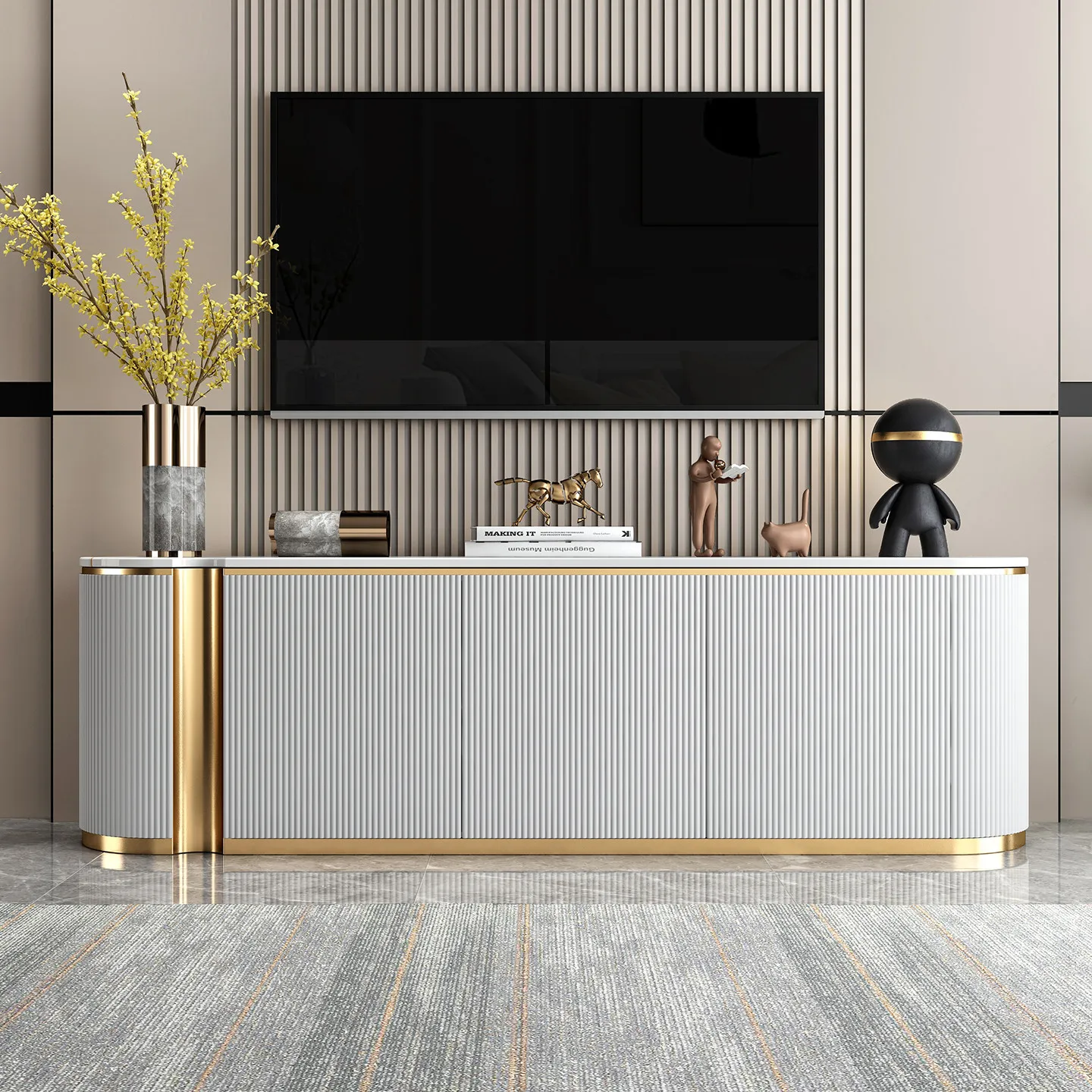 Italian light luxury TV cabinet coffee table combination simple modern living room rock slab background wall cabinet small apart